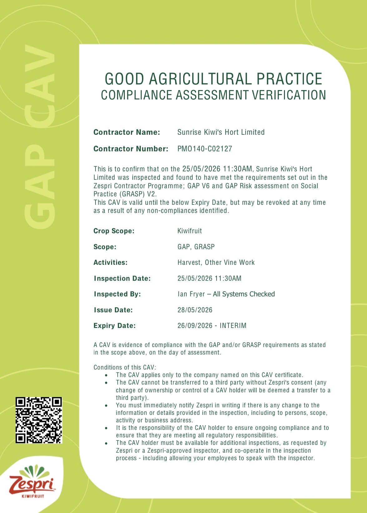 Good Agricultural Practice Compliance Assessment Verification certificate for Sunrise Kiwi's Hort Limited